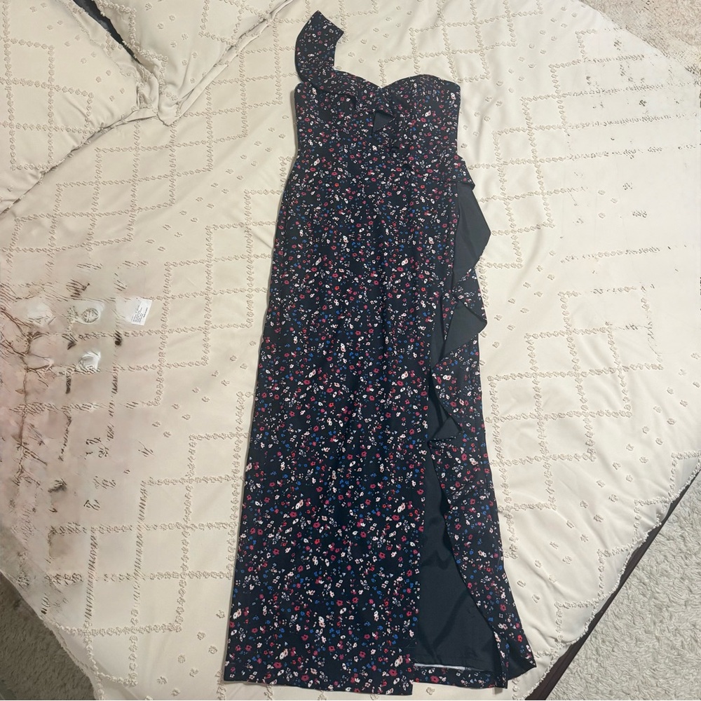 Aidan Mattox One Shoulder Black Floral Dress